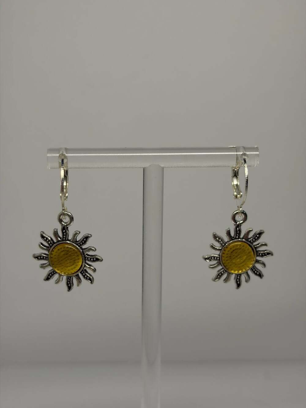 Stainless Steel Silver-Tone Sunburst Leverback Earrings with Amber Yellow Center